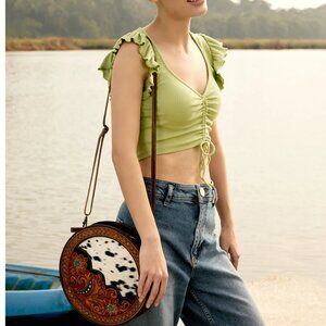 NWT Tooled Leather and Cowhide Round Cross Body Bag